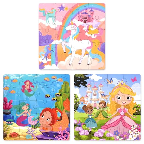 Magnetic Puzzles for Kids 3-5, 3-in-1 Princess Unicorn Mermaid Travel Puzzles for Kids Ages 4-6, Car Airplane Road Trip Activities Toys, Gifts for Girls