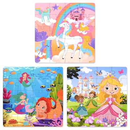 Magnetic Puzzles for Kids 3-5, 3-in-1 Princess Unicorn Mermaid Travel Puzzles for Kids Ages 4-6, Car Airplane Road Trip Activities Toys, Gifts for Girls
