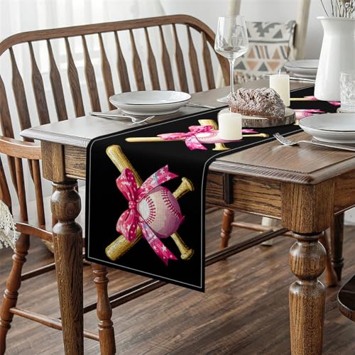 Baseball Table Runners Girly Pink Bowknot Table Runner Princess Sports Games Rectangular Runner Holiday Kitchen Table Setting Decor 13X108 Inch - size: 108"x13"