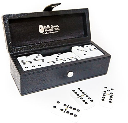 Bello Games New York, Inc. Flushing Meadows Double Six White Professional Jumbo Size Tournament Dominoes Set with Spinners in a Leatherette Black Case