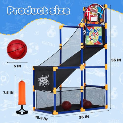 OUTLANE Kids Basketball Game Set, Basketball Hoop Stand for Kids, 56'' Basketball Shooting Toy with 4 Mini Balls, 6 and 1 Sticky Net, Indoor Outdoor Arcade Basketball Game for Boys and Girls