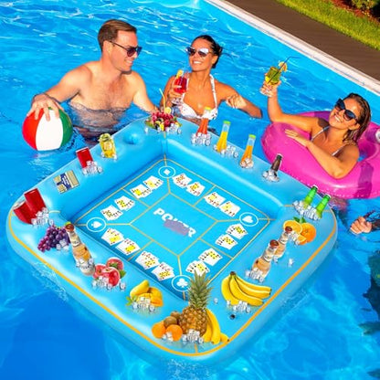 Elcoho 55 x 55 Inch Extra Large Inflatable Game Table with Waterproof Playing Cards Floating Pool Table Drink Holder Inflatable Ice Serving Tray Buffet Bar for Pool Summer Party, Light Blue - color: Light Blue