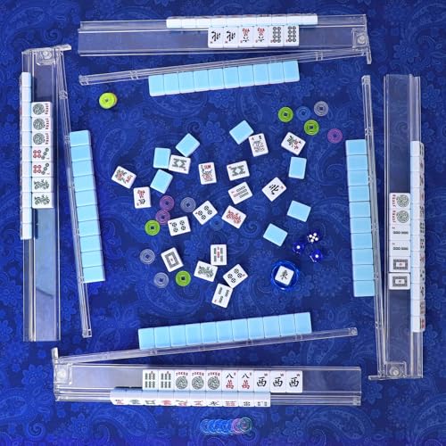 American Mahjong Game Set, 166 Blue Tiles, Blue Bag and Accessories, 4 All-in-One Transparent Rack/Pushers, Mahjong Tile Set - color: Blue