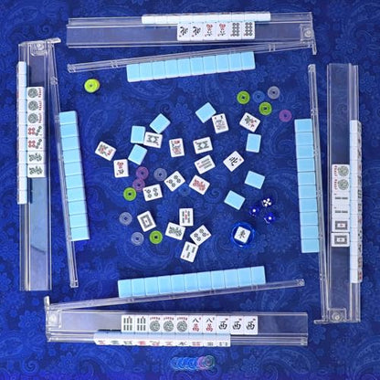 American Mahjong Game Set, 166 Blue Tiles, Blue Bag and Accessories, 4 All-in-One Transparent Rack/Pushers, Mahjong Tile Set - color: Blue