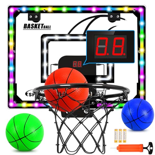 Mini Basketball Hoop Indoor with Scorer and Batteries|Inside Basketball Hoop Over The Door with Colorful LED Lighting|Toy Basketball Balls Gifts for Boys Girls Adults, Black - style: Basketball Hoop Set-Black Set