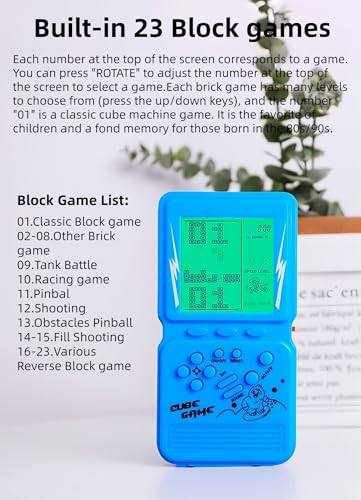 Green Backlight Block Game Console Built-in 23 Building Brick Retro Games Electronic Cube Puzzle Kid's Birthday Outdoor/Indoor/Travel Leisure Entertainment (Black) - color: Black