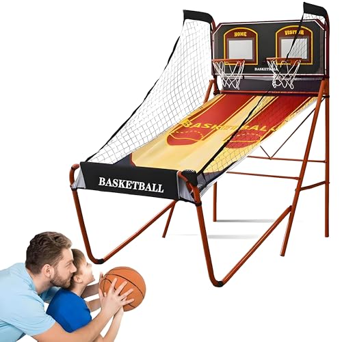Double Hoop Arcade Game Machine, Electronic Basketball Machine, Basketball Shooting Machine, Foldable Indoor Model, LED Scoring, Steel Frame Material, Includes Air Pump, 8 Modes