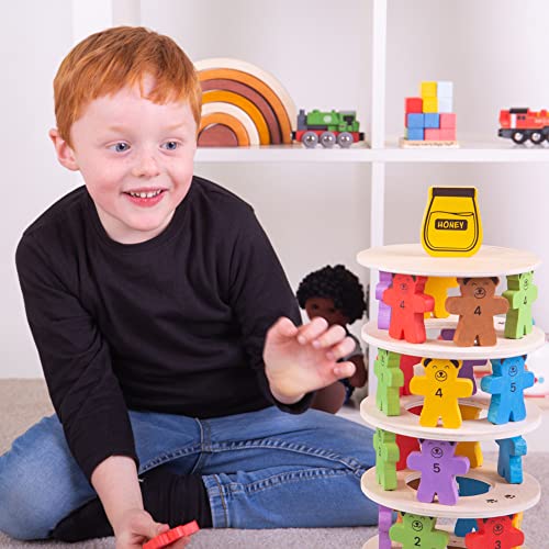 Bigjigs Toys Teddy Tumbling Tower Game - 49 Piece Stacking Tower for 3+ Years, Colourful Balancing Puzzles, Quality Wooden Stacking Toys & Montessori Toys for Kids