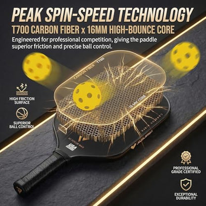 T700 Carbon Fiber Pickleball Paddle, Pickleball Set 16mm Pickle Ball Rackets with CMS Matte Surface Lightweight Honeycomb Core & Durable Edge Frame Larger Sweet Spot - color: MAX -1 Racket
