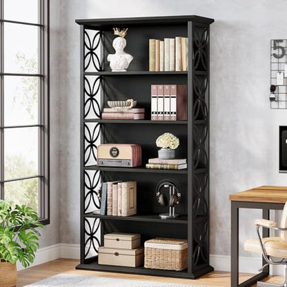 Tribesigns 6-Tier Tall Bookshelf, 71" Industrial Bookcase with Metal Frame, Freestanding Open Storage Shelves for Home Office, Living Room, Bedroom - color: Black