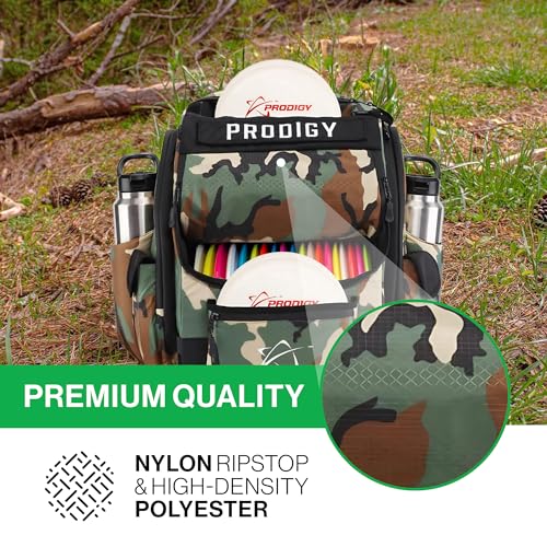 Prodigy Disc BP-1 V3 Disc Golf Backpack | Backpack Storage with 30+ Disc Capacity | Disc Golf Backpack Bag | Tear & Water Resistant | Golf Accessories for Men | Large Golf Disc Bags - color: Green Camo