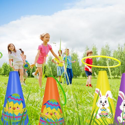 Cinrobiye 62 Pcs Easter Outdoor Games Set, Field Day Party Activities with Potato Sack Race, Egg and Spoon Race, Three Legged Race and Ring Toss for Family Gatherings and Spring Events