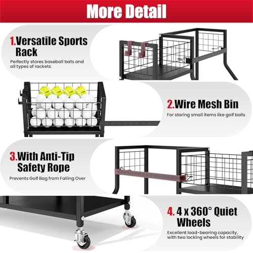 TOOLF Golf Bag Organizer, Golf Club Storage with Wheels, Sturdy Metal Golf Bag Holder Stand for Home, Garage, Outdoor, Includes 4 Storage Sections & Removable Hooks