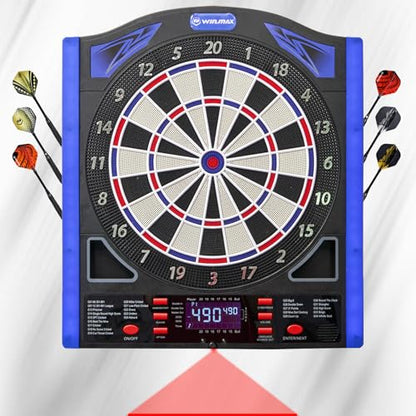 Electronic Dart Board with LED Sidelamp, Laser Toe Line, Digital Electronic Soft Tip Dartboard Set, Over 350 Variations, Includes 12 Darts, Suitable for Batteries/Adapters - color: Blue - Side Lights