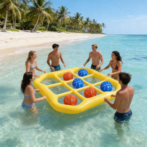 Giant Tic Tac Toe Game & Pool Toys, Inflatable Pool Tictac Game with 10 Balls, Giant Floating Grid Puzzle, Great for Outdoor Swimming and Beach Parties for Family