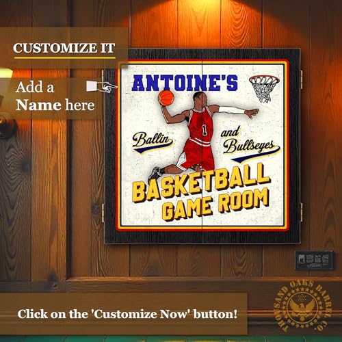 Personalized Dart Board Cabinet Set with 6 Steel Tip Darts, Paper Dartboard, Chalk & Eraser (21.5 x 21.5 x 2.75) - Man Cave Dart Boards for Adults - style: Basketball