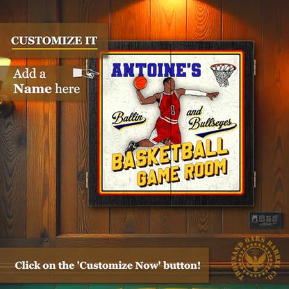 Personalized Dart Board Cabinet Set with 6 Steel Tip Darts, Paper Dartboard, Chalk & Eraser (21.5 x 21.5 x 2.75) - Man Cave Dart Boards for Adults - style: Basketball