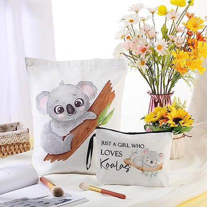 Sieral 2 Pcs Animal Lover Bag Gift for Women Travel Canvas Tote Portable Zipper Pouch Canvas Reusable Grocery Tote - style: Koala