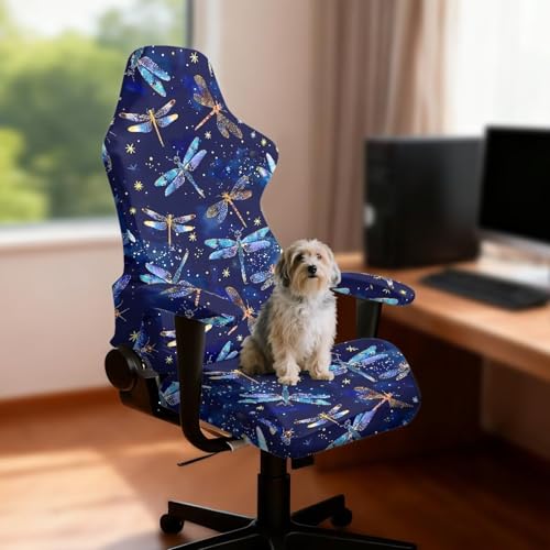 Suobstales Dragonfly Star Pattern Stretchable Gaming Chair Cover, Washable Anti-Scratch Slipcover with Armrest Protection, Cat Scratch Proof for Office and Computer Chairs - color: Dragonfly Star