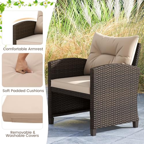 Tangkula 5 Pieces Patio Conversation Set, PE Wicker Rattan Outdoor Furniture Set with 2 Chairs, 2 Ottomans & Tempered Glass Coffee Table, Ideal for Poolside, Backyard, Lawn, Deck (Mix Brown & Beige) - color: Mix Brown & Beige