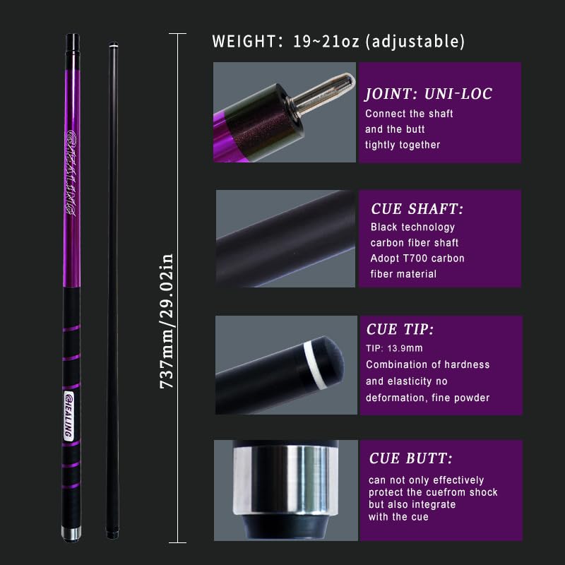 100% Carbon Fiber Shaft Billiard Cue 58" 19-21oz 1/2 Joint Carbon Fiber Pool Cue Stick 12.9mm Cue Tip - color: Purple