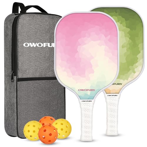 Fiberglass Pickleball Paddles Set of 2, Pickle Ball Racket Lightweight Honeycomb Core Control Paddle, with 4 Indoor Outdoor Balls and Bag for Men Women - color: Pink Green
