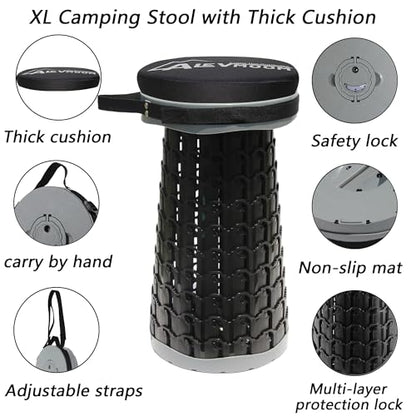 ALEVMOOM XXL 18.1" Telescoping Stool with Thick Cushion, Portable Telescoping More Sturdy Capacity 800Ib,Collapsible Retractable Adjustable Folding Stool for Garden Hiking Fishing BBQ - color: Grey