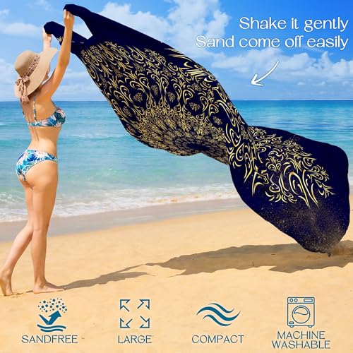 BYDOLL Beach Blanket Waterproof Sandproof Large Sand Free,78''X81''/10'X9' Oversized Sandless Lightweight Blanket Picnic Mat for Beach Travel Camping Hiking with Stakes - color: Navy Mandala, size: 78"X81"