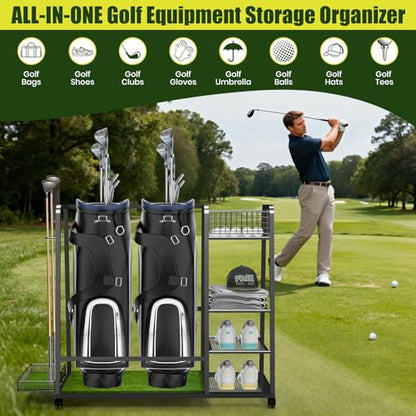 TooCust Golf Bag Storage Rack for Garage – Heavy Duty Golf Organizer Fits 2 Bags with Locking Wheels, Freestanding Golf Club Rack with Shelves & Turf Mat Base for Equipment, Shoes, Accessories