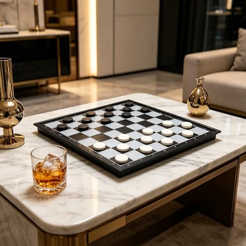 1 Pcs 5 in 1 Magnetic Foldable Board Game Set, Flying Chess Ludo Checkers Backgammon, Portable Travel Family Tabletop Game（Magnetic Attraction of the Checkers Board）