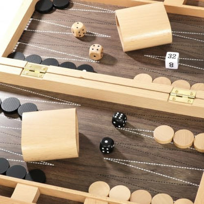 Plusvivo 13" Wooden Backgammon Set - Premium Beech Wood Foldable Board Game for Adults and Kids - Portable Strategy Game with 30 Magnetic Pieces and 2 Wooden Dice Shakers