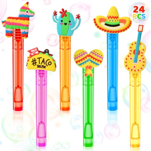 Winrayk Cinco de Mayo Party Favors, 24Pcs Fiesta Mexican Mini Bubble Wands for Kids Bubbles Bulk with Detachable Topper, 6 Styles & Colors (Taco Maraca Llama Cactus Guitar Sombrero), Goody Bag Stuffer - style: Cinco de Mayo