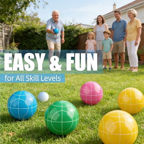 Bocce Ball Set for Backyard Lawn Beach Outdoor Games, Complete with 8 Solid Resin Bocci Balls, Pallino, Measuring Rope & Carry Bag, Multicolor for 2-8 Players (100mm)