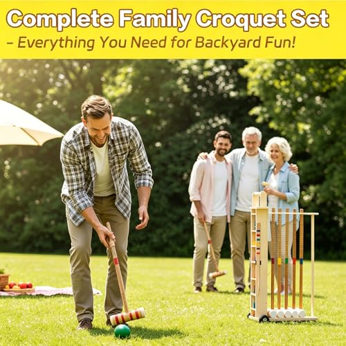 6 Player Croquet Set for Adults with Wooden Stand - 28 Inch Professional Outdoor Lawn Game Includes 6 Rubberwood Mallets & Balls, Steel Wickets - Backyard, Garden, Park Games