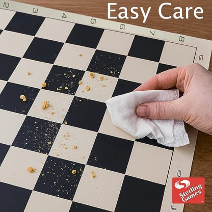 Sterling Games Extra Large 20" x 20" Roll Up Chess Mat and Pieces Set, Standard Tournament Chess Set with Black Vinyl Portable Travel Mat and Single Weight Chess Pieces - style: Black