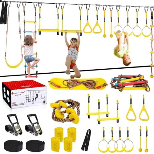 Ninja Warrior Obstacle Course for Kids,Fast-Setup Buckles—Up to 880 lbs,2x65ft Slack Lines for Backyard with with 14 Ninja Accessories-Swing Seat,Tree Swing,Rope Ladder,Ninja Ring,Arm Trainer - size: 14 Obstacles