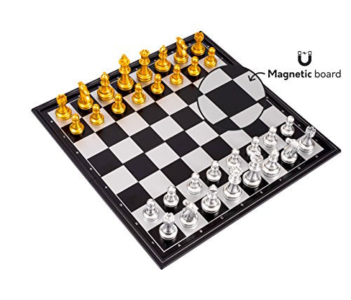 Magnetic Travel Chess Set Game with Folding Board Portable and Storage Compartment – Great Travel Toy Set by Big Mo’s Toys 9.7"
