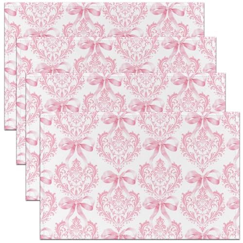 Damask Floral Kids Placemats Set of 4,Bowknot Flowers Geometric Patchwork Table Place Mats,Baroque Vintage Romantic Kitchen Decor,Pink White Placemat Kitchen Table Decoration 12"x18" - color: Pink White