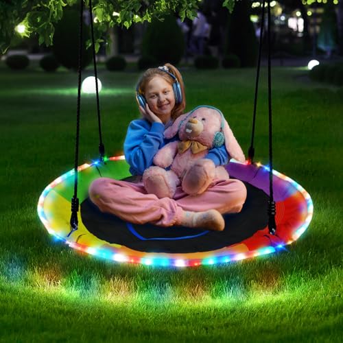 Trekassy 700lbs 40" Saucer Tree Swing for Kids Adults Outdoor with LED Lights, 2 Tree Hanging Straps-Rainbow - color: Rainbow