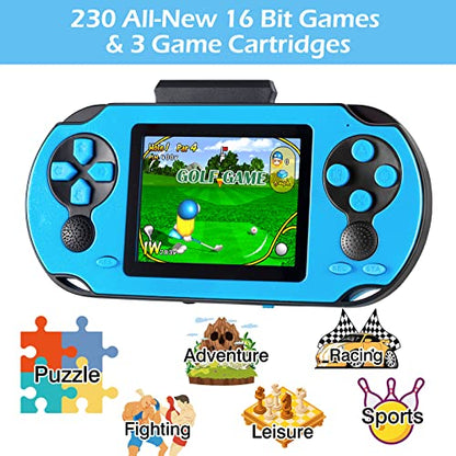 TaddToy 16 Bit Handheld Game for Kids Adults, 3.0'' Large Screen Preloaded 230 HD Classic Retro Video Games with USB Rechargeable Battery & 3 Game Cartridges for Birthday Gift for Kids 4-12 (Blue) - color: Blue