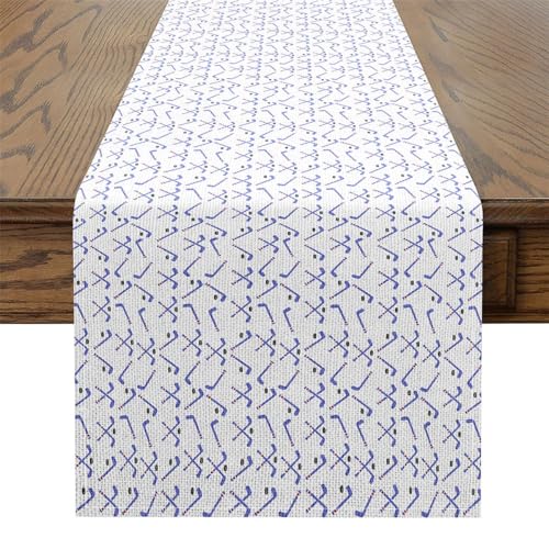 Ice Hockey Stick Tabletop Decor for Kitchen Or Dining, Winter Ball Sport Game Competition Table Runners for Boys Teens Adult,Geometric Ball Patchwork Table Mat 13 X 60 Inches, Blue White - size: 60"x13"