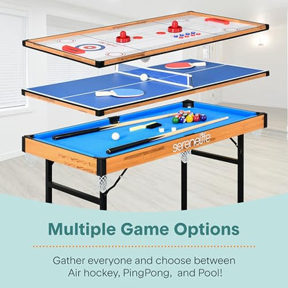 SereneLife 4 in 1 Multi Game Table, 4’x2’ Folding Portable Sports Arcade Games with Accessories, Ping Pong, Air Hockey, Pool Billiards, and Shuffleboard, for Indoor, Outdoor, All Ages