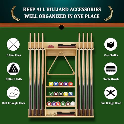 Wall Mounted Pool Cue Rack, Bamboo Billiards Sticks Holder for 8 Cue Sticks, Organizes Full Set of Balls and Pool Table Accessories - color: Bamboo