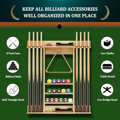 Wall Mounted Pool Cue Rack, Bamboo Billiards Sticks Holder for 8 Cue Sticks, Organizes Full Set of Balls and Pool Table Accessories - color: Bamboo