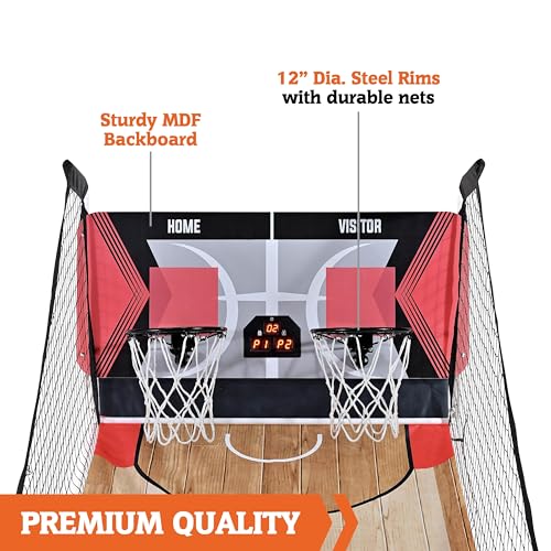 Hall of Games EZ Fold Premium Indoor Arcade Basketball Game with Steel Frame and Polycarbonate Backboard, Dual Shot Electronic Scoring with 6 Size 3 Balls Included, Perfect for Basement Game Rooms - style: FAST-Fold (Easy to assemble)