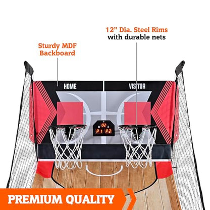 Hall of Games EZ Fold Premium Indoor Arcade Basketball Game with Steel Frame and Polycarbonate Backboard, Dual Shot Electronic Scoring with 6 Size 3 Balls Included, Perfect for Basement Game Rooms - style: FAST-Fold (Easy to assemble)