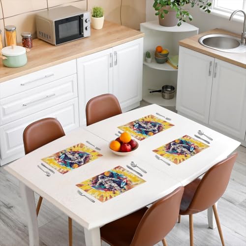 Cartoon Astronaut Place Mats 12x18 Inch Set of 4 Yellow Red Tie Dye Spiral Swirls Table Mats for Kids Boys Teens Adults Cosmic Outerspace Galaxy Colorful Planets Kitchen Mats for Dining Table - color: Yellow Red Blue Gray