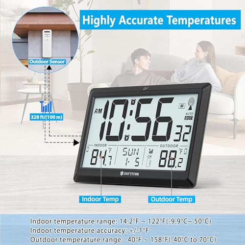Atomic Clock Wall with Indoor/Outdoor Temp, Battery Operated Digital Wall Clock with 10.5" Large LCD Display, 330ft Range Desk Table Clock with Alarm, DST, Calendar for Living Room Bedrooms, Black - color: Black