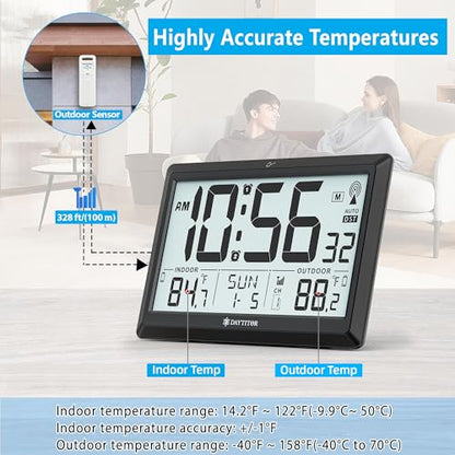 Atomic Clock Wall with Indoor/Outdoor Temp, Battery Operated Digital Wall Clock with 10.5" Large LCD Display, 330ft Range Desk Table Clock with Alarm, DST, Calendar for Living Room Bedrooms, Black - color: Black