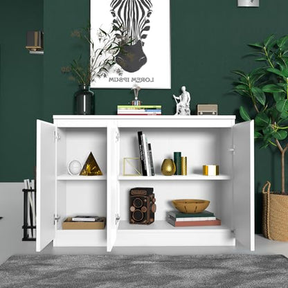 holzart 43" White Buffet Cabinet Sideboard with Storage - Modern 3-Door Kitchen Cupboard & Coffee Bar Station for Dining Room, Living Room, Entryway - Adjustable Shelf, 43.3" W x 31.5" H - color: White